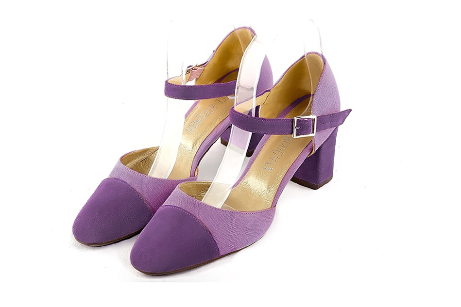 Women's amethyst purple open side dress shoes, with an instep strap. Round toe. Medium block heels - Front view